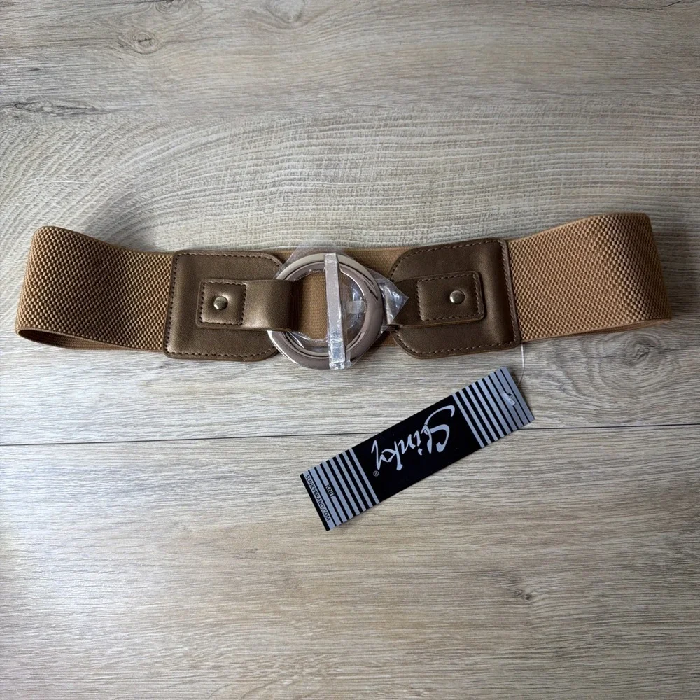 Slinky Belt Knit Brown Cinch Wide Elastic‎ Bronze Metallic Buckle Glam One Size